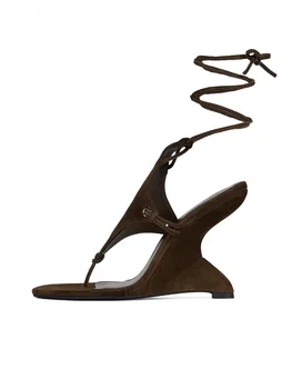 性感棕色絨面革坡跟繫帶涼鞋,黑色10厘米高跟,女士夏季新款奢華設計師派對人字拖鞋 10 最佳銷售 設計師坡跟鞋 - №2