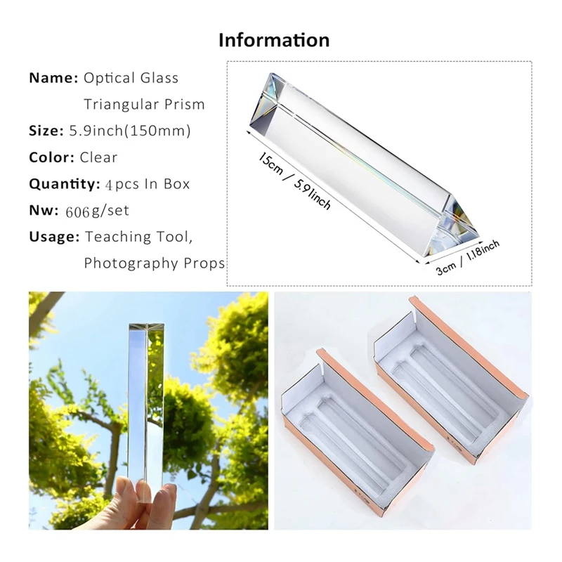 4Pcs 6 Inch Clear Optical Lens Glass Triangular Prism For Photography Science Classroom Rainbow Maker Art Decor