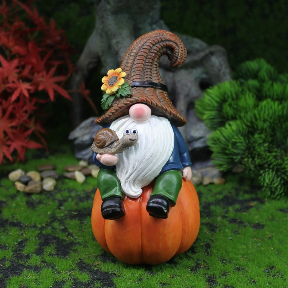 Gnome Statue Garden Gnome Figurine Gnome Sitting On Pumpkin Sculpture Autumn Harvest Yard Gnome Ornament Figurine HalloweenDecor