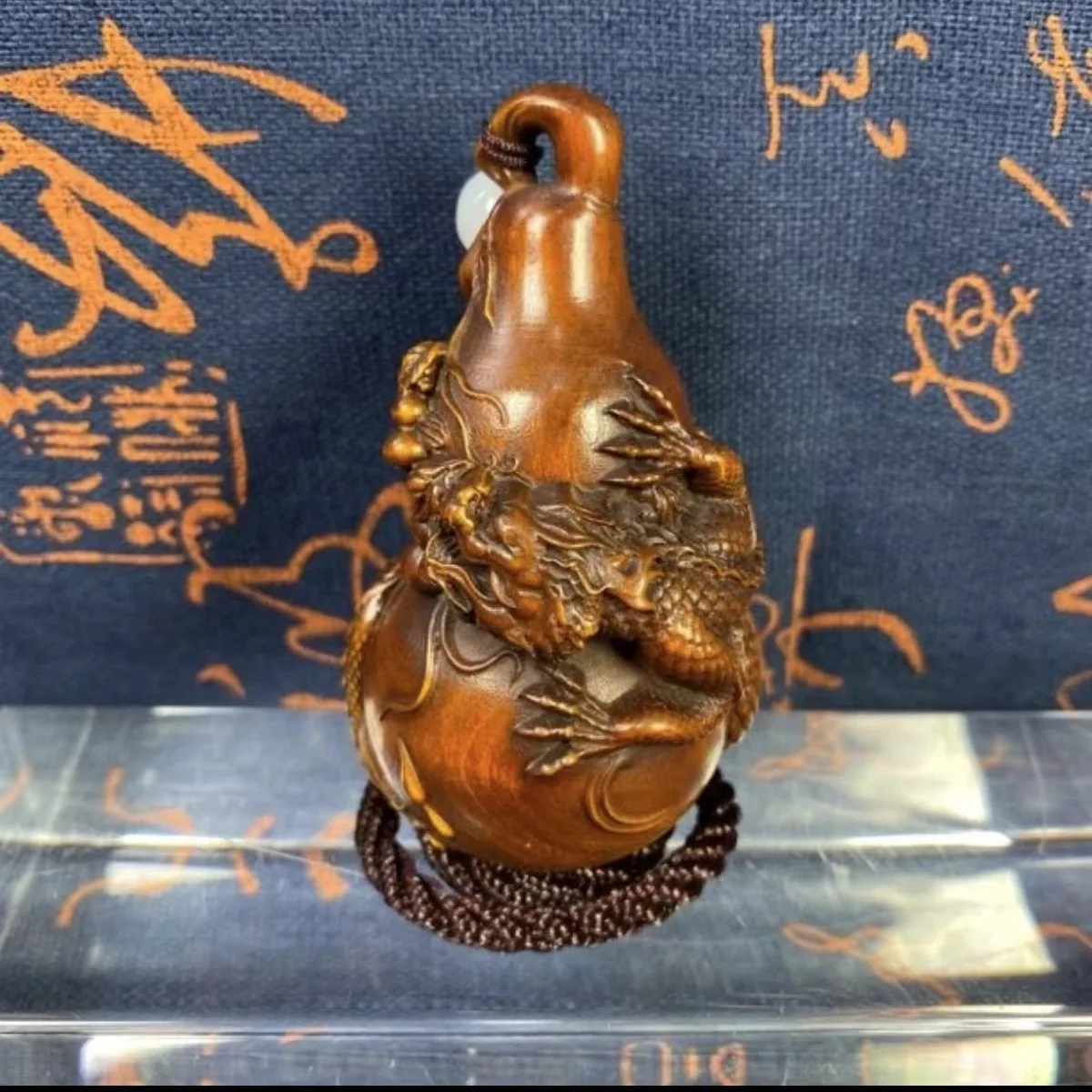 Boxwood Vintage Carved Dragon Gourd Figurine Solid Wood Hand Play Chinese Zodiac Dragon Year Wenwan Desktop Collectible Ornament