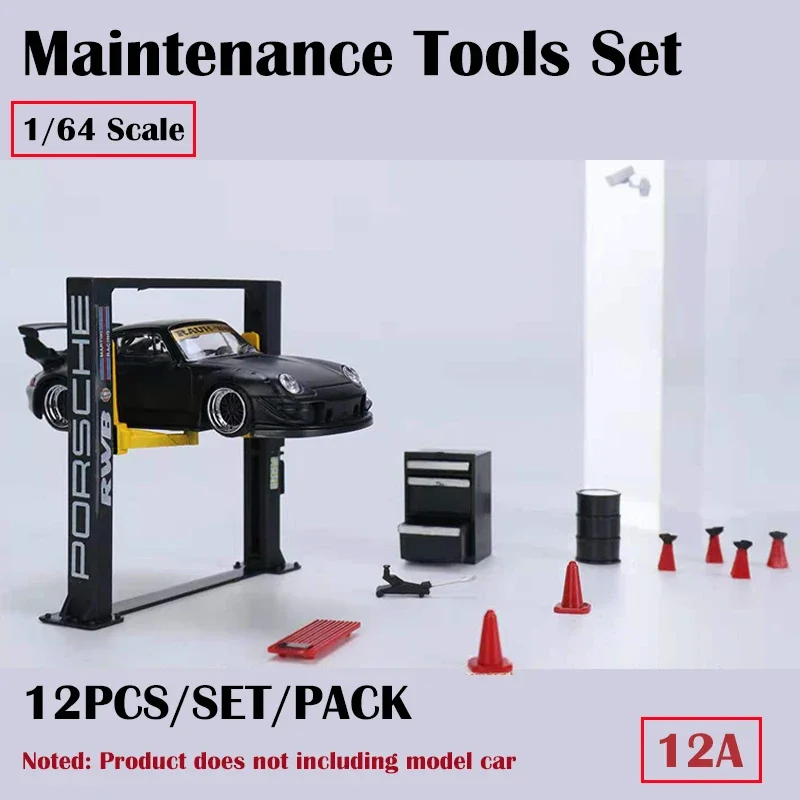 Diorama 1/64 Garage Maintenance Tools Set Alloy Die-Cast Model Car Display 12PCS/SET - Black 12A