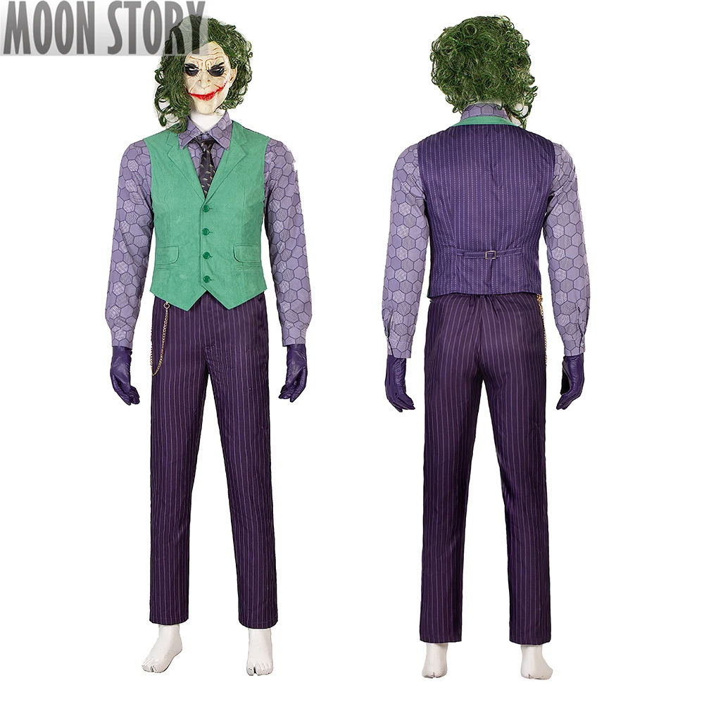 Halloween Carnival Dark Knight Joker Cosplay Costume Purple Wool Jackek Vest Shirt Gloves Mask Outfits Uniform Men Full Set