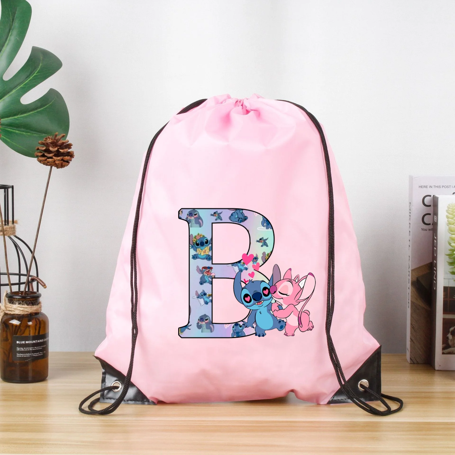 Disney Stitch Alphabet A-Z Drawstring Bag Sports Waterproof Backpack Gym Mochila Portable Polyester Organizer Birthday Gift