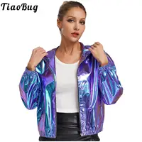 Sudaderas con capucha holográficas para mujer, chaqueta de traje, Ropa de baile de Jazz moderna, Sudadera con capucha de manga larga metálica brillante con cremallera