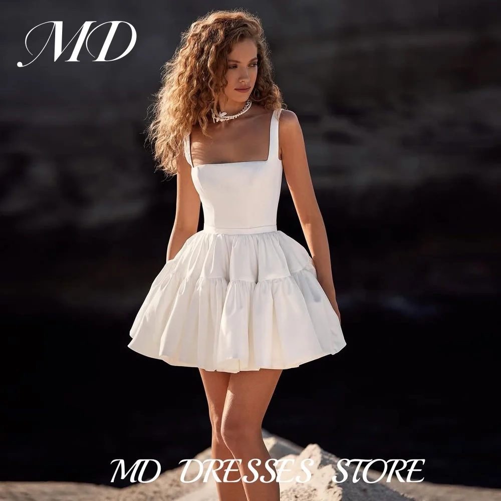 

MD Elegant White Short A-line Wedding Dress Square Collar Above Knee Vintage Pleated Bride Gowns vestidos de fiesta Customized