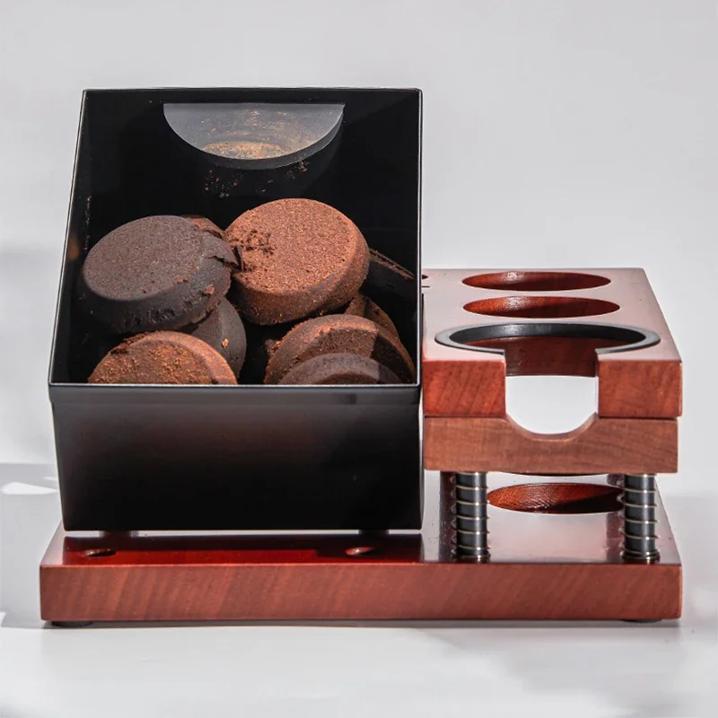 Spring-Loaded Square Container Coffee Tamper Stand: Double-Layer Wooden Coffee Ground Dispenser, Universal Filter Cup
