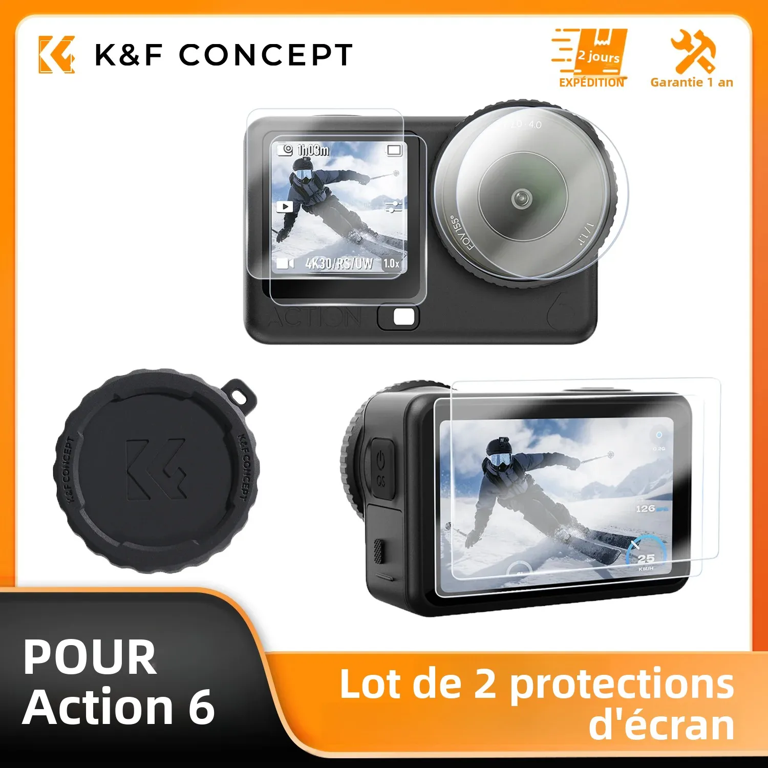 K&F CONCEPT Lot de 2 protecteurs d'écran en verre trempé pour DJI Osmo Action 6 – Dureté 9H, film transparent anti-rayures haute définition