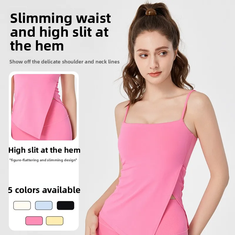 

Seamless Slim Fit Yoga Top with Slanted Slit Women's Fixed Bra Padded Yoga Vest for Fitness
