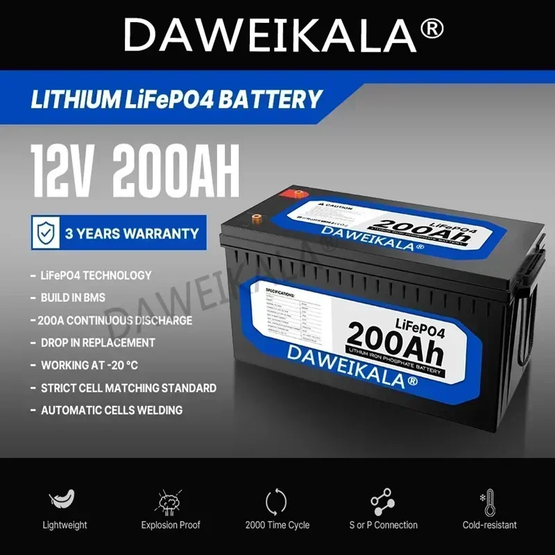 

Литий-железо-фосфатный аккумулятор New12V 200Ah LiFePO4, Встроенный BMS для солнечной энергетической системы, для домов на колесах, Троллинговый двигатель без НАЛОГА