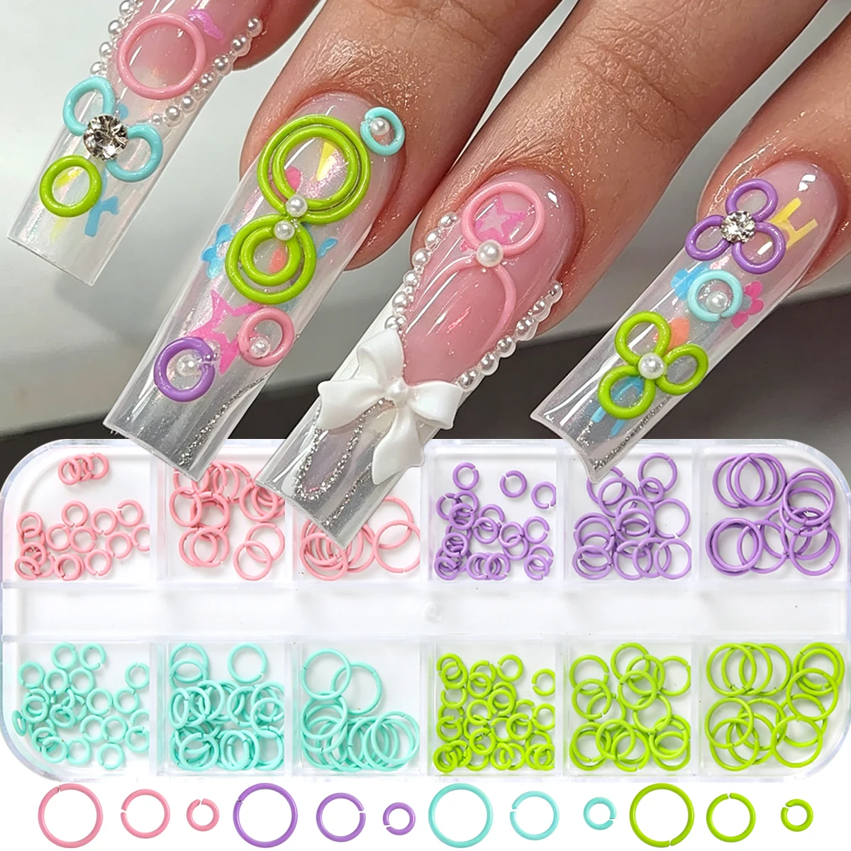 Image of Bunte, offene Metallkreis-Nagelkunst-Dekorationen, dopamine-farbige Nageldekorationen in verschiedenen Größen, Y2K-Nagelzubehör.