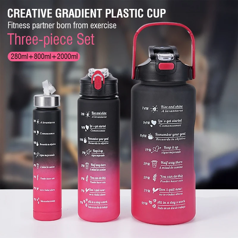 

Sports Water Bottle Large Capacity with Dual-Function Lid Straw Portable Plastic Cup 3-Piece Set for Home Outdoor Activities Use