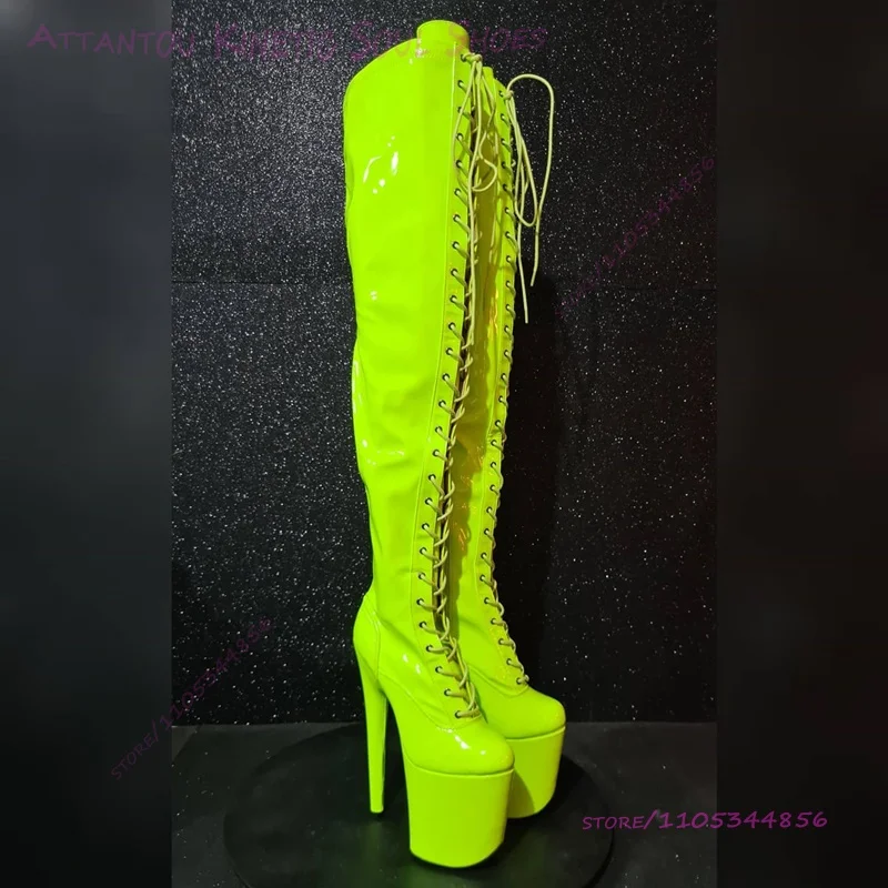 Bright Green Long Lace Up Thigh Boots Sporty 20cm 8 Inch Platform Stiletto Bling Pole Dancing Round Cover Heel Sexy Women Shoes