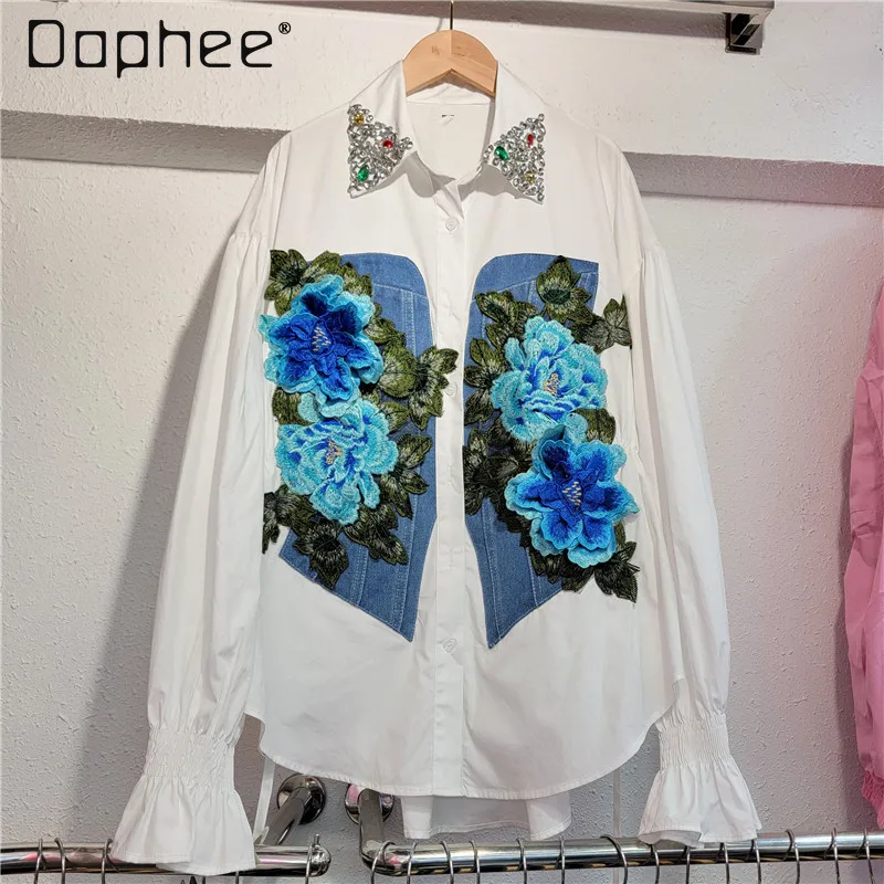 

Embroidery Floral Shirts White For Women Diamonds Lapel Flare Long Sleeve Denim Patchwork Irregular Hem Spring Autumn Fashion