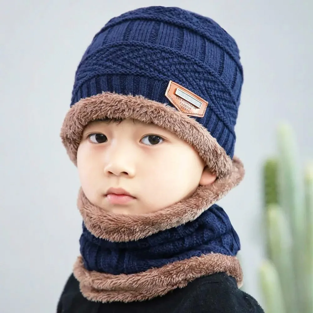 Kid Hat Scarf 2 Piece Set Short Plush Lnner Layer Boy Girl Knit Cap Ring Scarves Child Winter Outdoor Keep Warm Wear Accessories