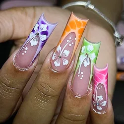 Press on Nails Extra Long Square Fake Nails Glossy Acrylic Nails Squoval Artificial Nails Cute Flower Stick on False Nails Set