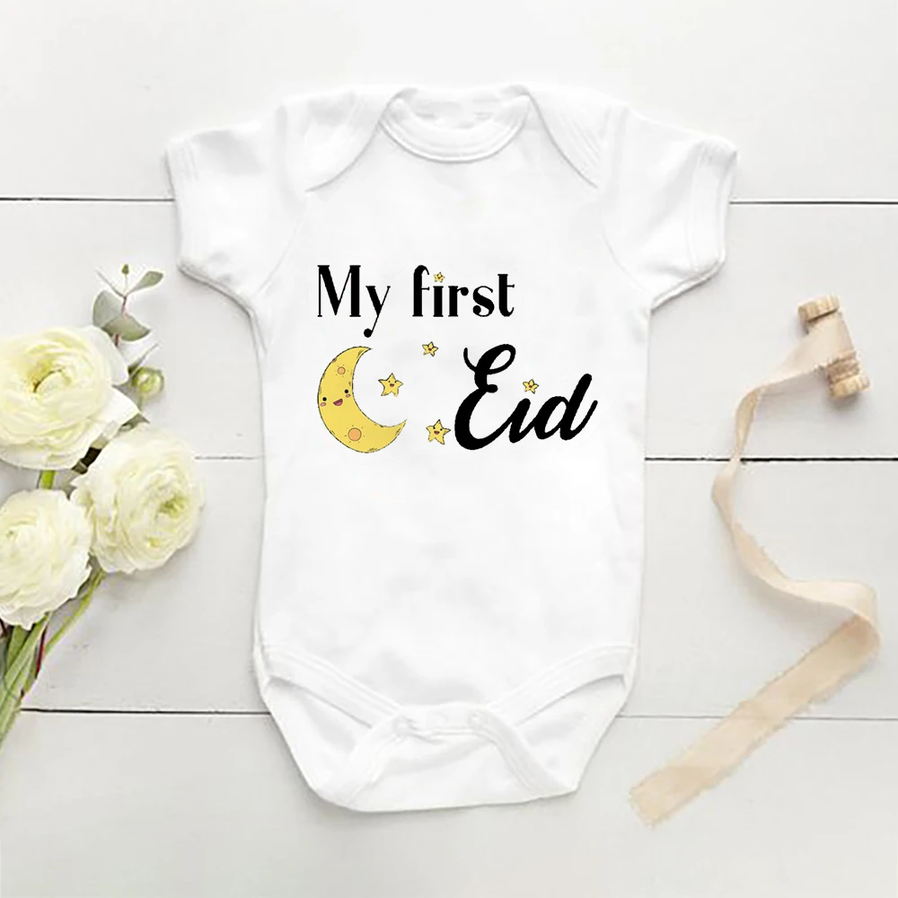 

My First Eid Newborn Baby Bodysuit Toddler Boy Girls Romper Summer Short Sleeve Infant Clothes Funny Cartoon Moon Ramadan Gifts