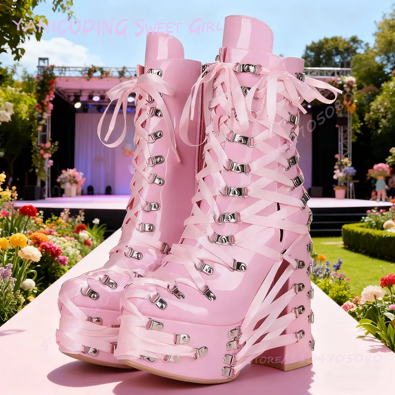 

Light Pink Ankle Boots Cute Crisscross Straps Platform Chunky Heel Red Patent Leather Sweet Women Round Toe Black Lace-Up Shoes