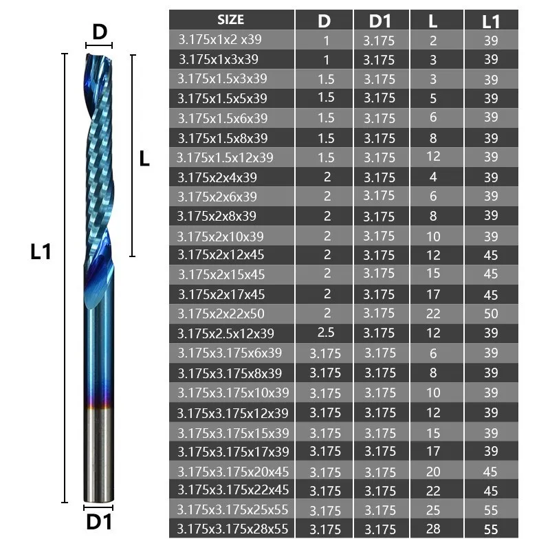 XCAN Single Flute End Mill 3.175mm(1/8\'\') Shank Nano Blue Coated CNC Router Bit Spiral Milling Bit for Aluminum Cutting