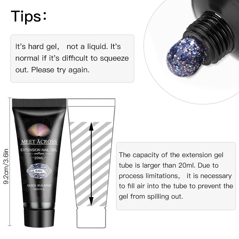 MEET ACROSS 20ml Glitter Sequins Gel For Extension Builder Gel Semis Permanent UV Gel For Manicure Nail Art Construction Gel