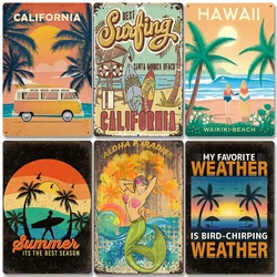 Vintage Beach Party Poster Surfing Paradise Metal Tin Signs California Hawaii Metal Plate Wall Decor for Bar Pub Club Home