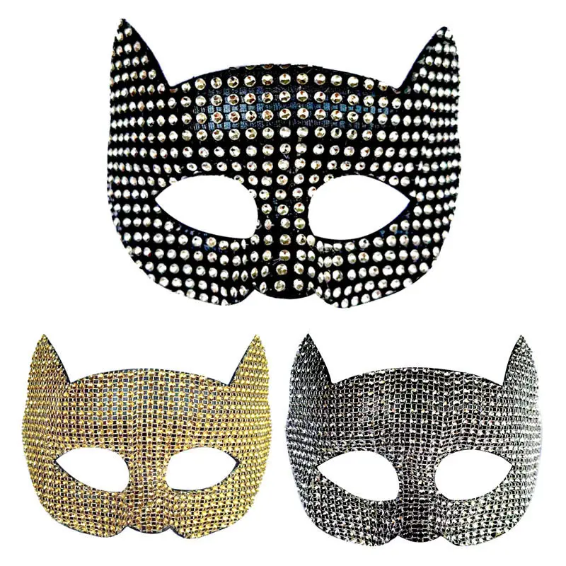 2023 New Fashion Rhinestone Cat Women Mask, Glitter Diamond Decor Mask in Gold Silver Black for Halloween Masquerade Stage Perfo