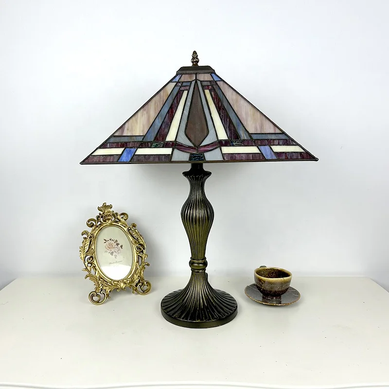 LongHuiJing 16-Inch Tiffany-Style Dome AC E26 Table Lamp Colorful Geometric Stained Glass Design Square Accent Lamp for Home