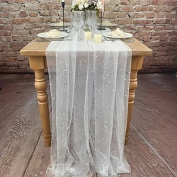 1pc White Pearl Mesh Table Runner Wedding Arch Drapery Anti-wrinkle Party Dessert Tablecloth,Bridal Veil Decoration