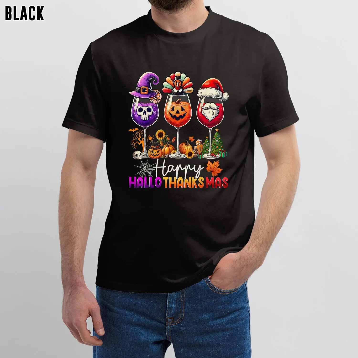 

Happy Hallothanksmas Funny Halloween Thanksgiving Christmas T-Shirt Celebration