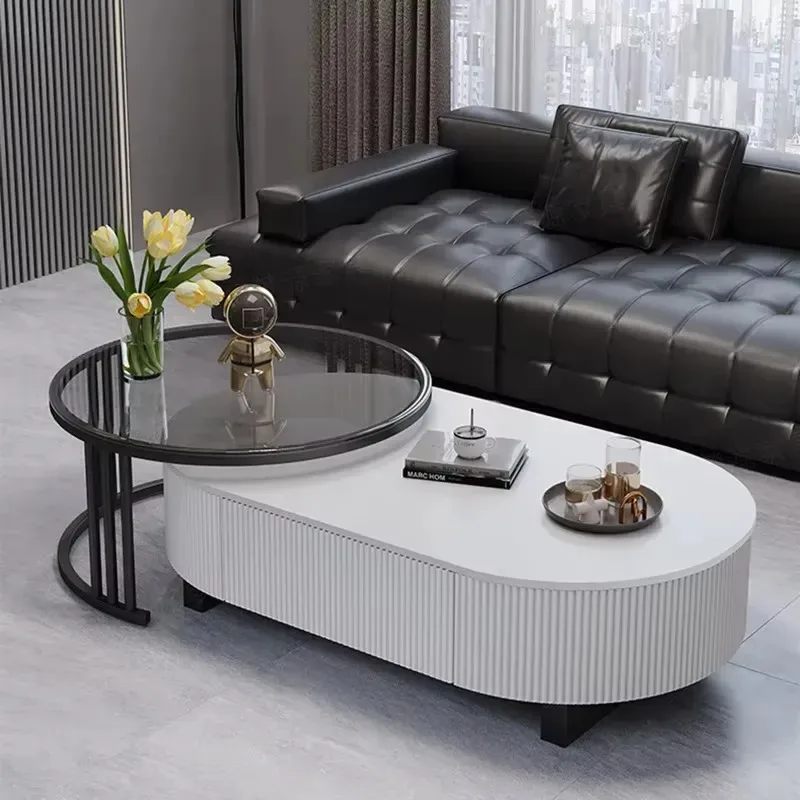 Oval Nesting Coffee Table Set Of 2 With Drawer Storage Modern Coffee Table With Marble Texture Top For Living Room Center