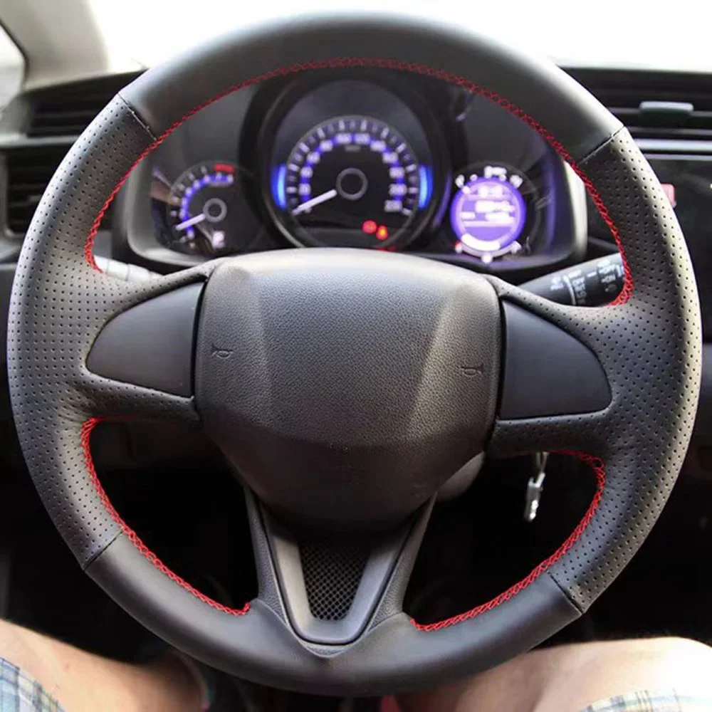 혼다 뉴 핏 2014 2015-2020 모델을위한 맞춤형 정품 가죽 손으로 꿰맨 검은 색 자동차 핸들 커버 자동차 액세서리