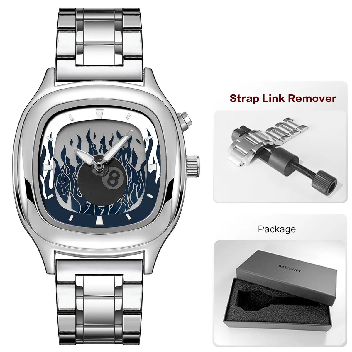 Retro Millennium Watch for Men with Dynamic Flame Dial Unique Creative Quartz Wristwatch with Stainless Steel Strap Square Case