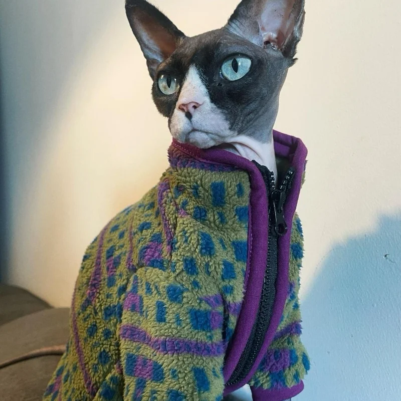 Sphyinx Cat Autumn and Winter Austrian Fleece Warm Green Jacket Zip-up Cardigan Cat Clothes Thick Purple Coat for Devon Rex