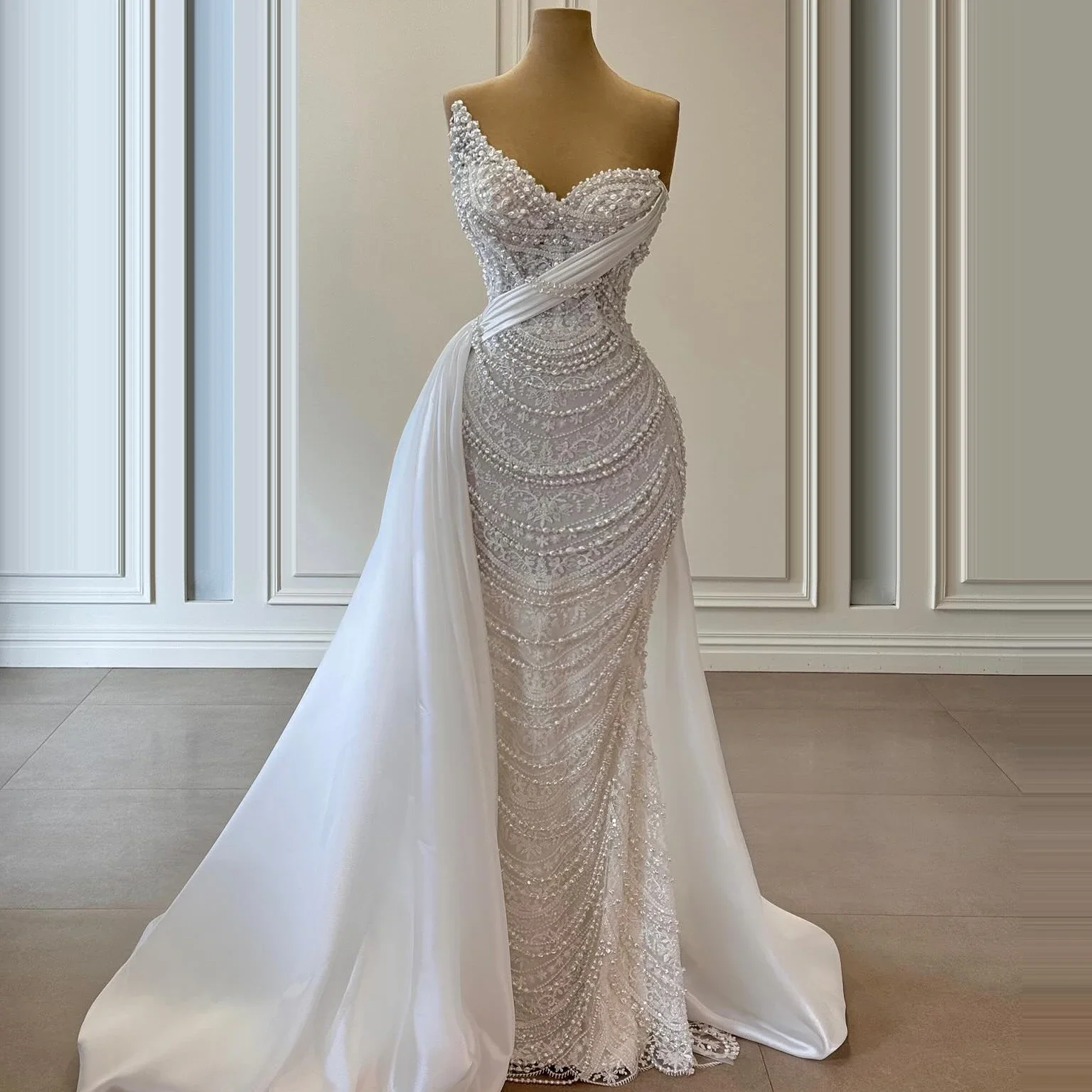 Lace Wedding Dress With Removable Side Satin Train Pearl Tassel Mermaid 2025 Bridal Gown Prom Dress Customized