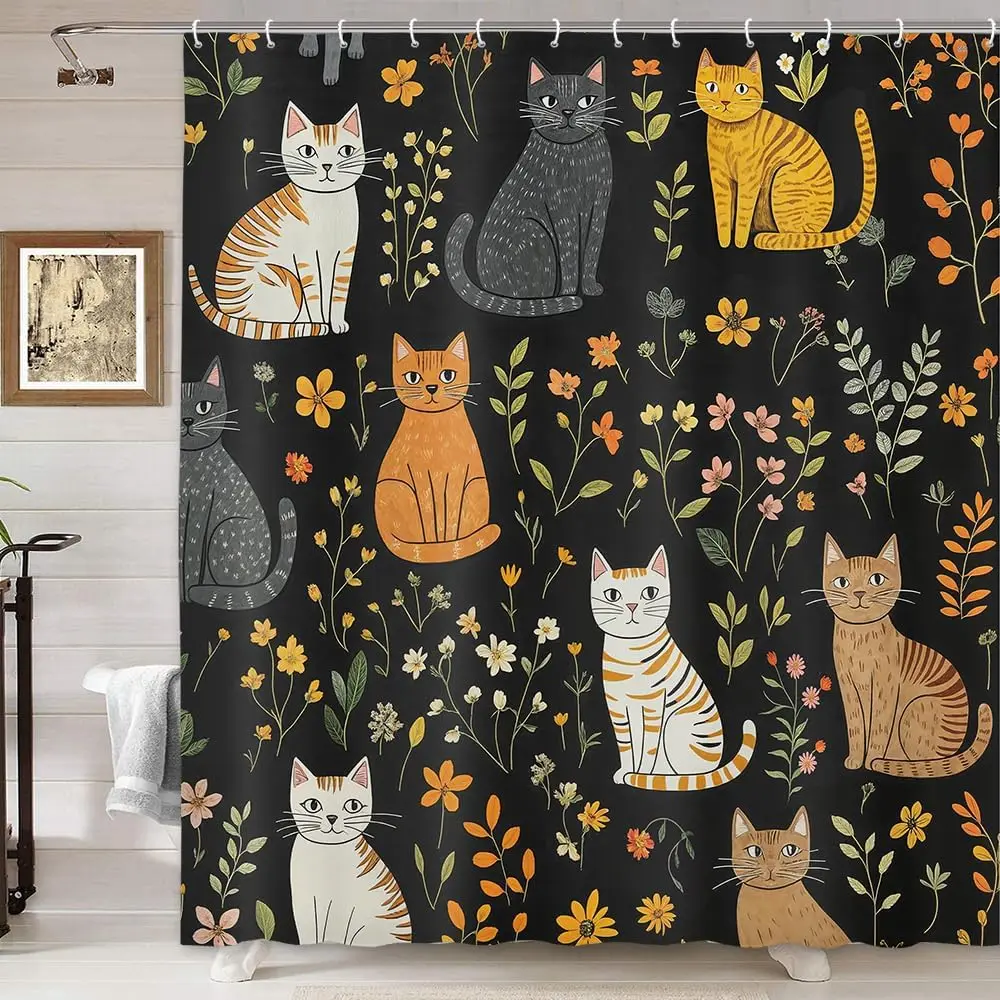 

Cute Cat Shower Curtain, Funny Animal Cartoon Cat Floral Wildflower Black Fabric Shower Curtains Set for Bathroom Decorative