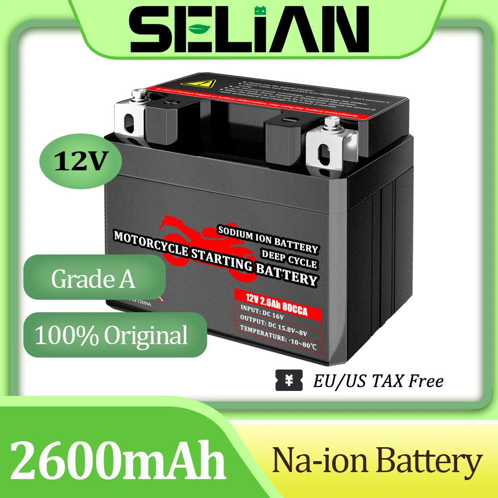 

SelianEnergy 12V 2.6A Motorcycle Battery Sodium-ion Scooter Starter Battery 80CCA Na-ion 4S2P 18650 Cells EU US Ukraine NO TAX