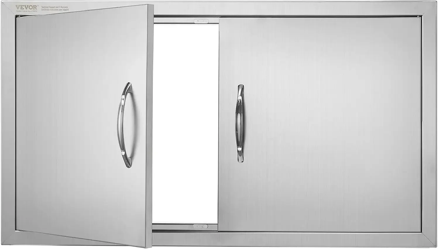 BBQ Access Door, 34W x 19H Inch Double Outdoor Kitchen Door, Stainless Steel Flush Mount Door, Wall Vertical Door with Handles