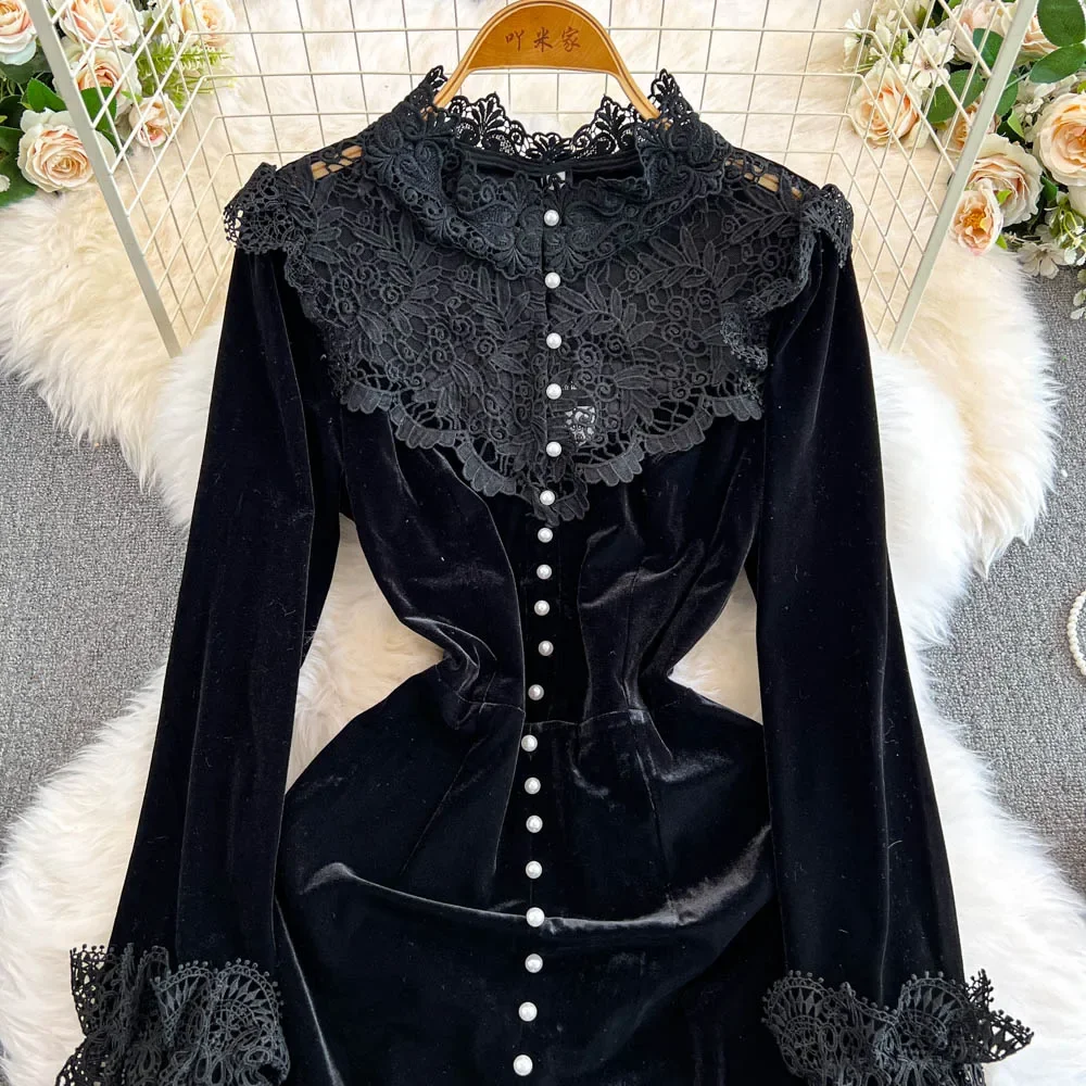 Elegant V Neck Lace Patchwork Long Sleeve Velvet Dress Chic Elegant Vestidos Autumn Women Fashion Ceremonial Dress