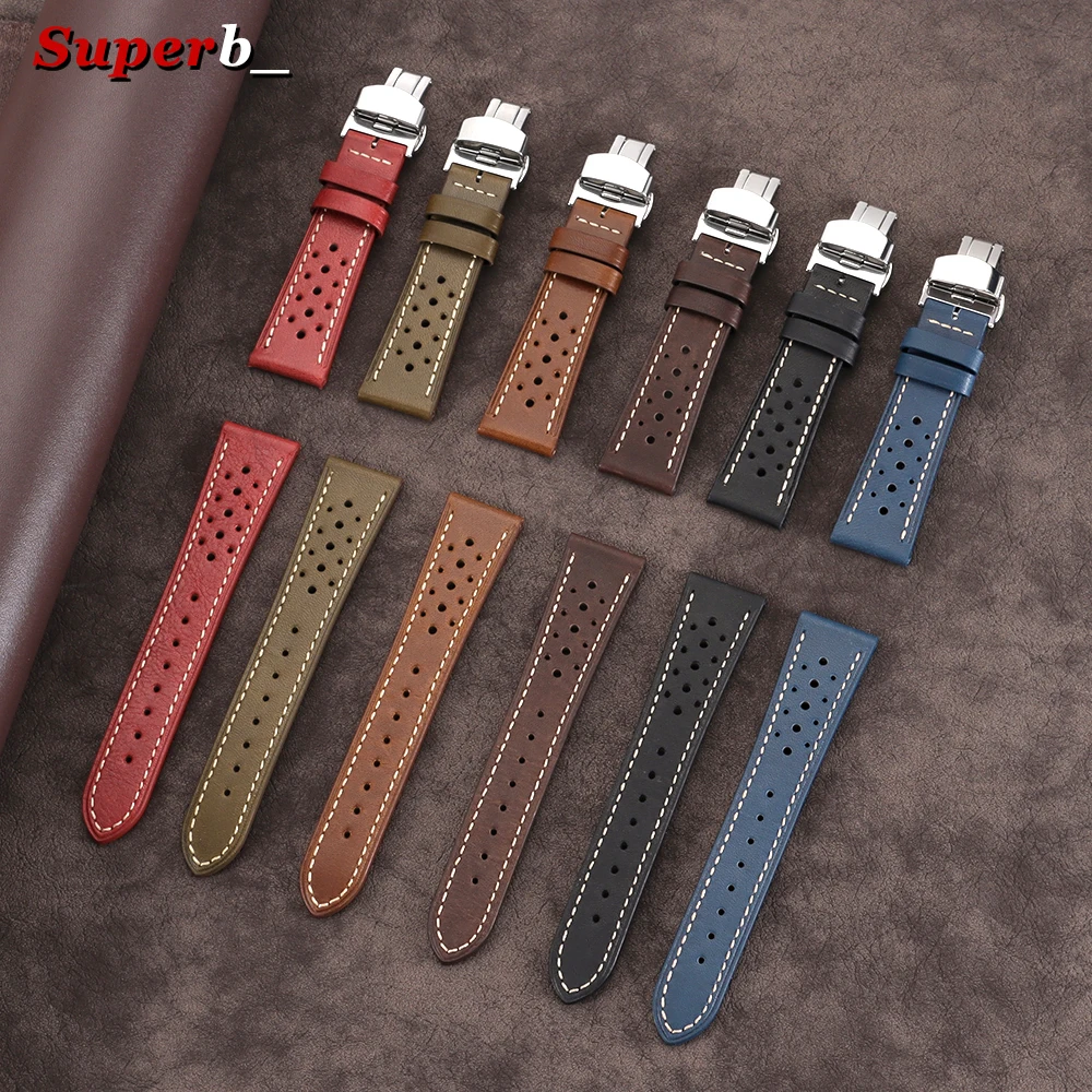 Porous Cowhide Vintage Watchband Deployment Clasp Genuine Leather Watch Band Bracelet 18/20/22/24mm for Omega for Seiko Strap