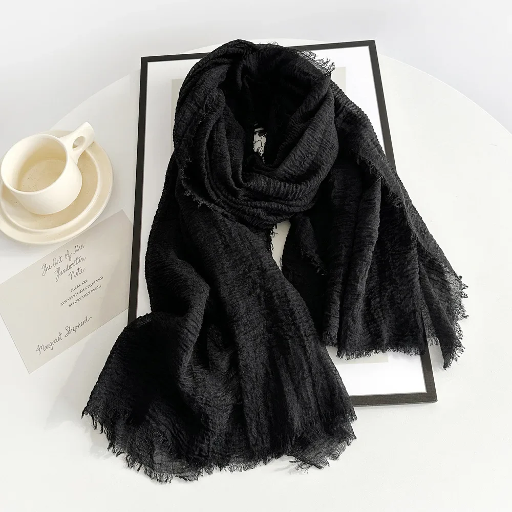 Solid Color Cotton and Linen Scarf 2024 Autumn and Winter New Women\'s Silk Scarf Retro Monochrome Medium Decorative Long Shawl