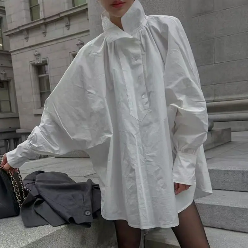 

Свободная прямая женская повседневная рубашка в корейском стиле с воротником-стойкой, эффектом похудения, из комфортного хлопка, с длинными рукавами