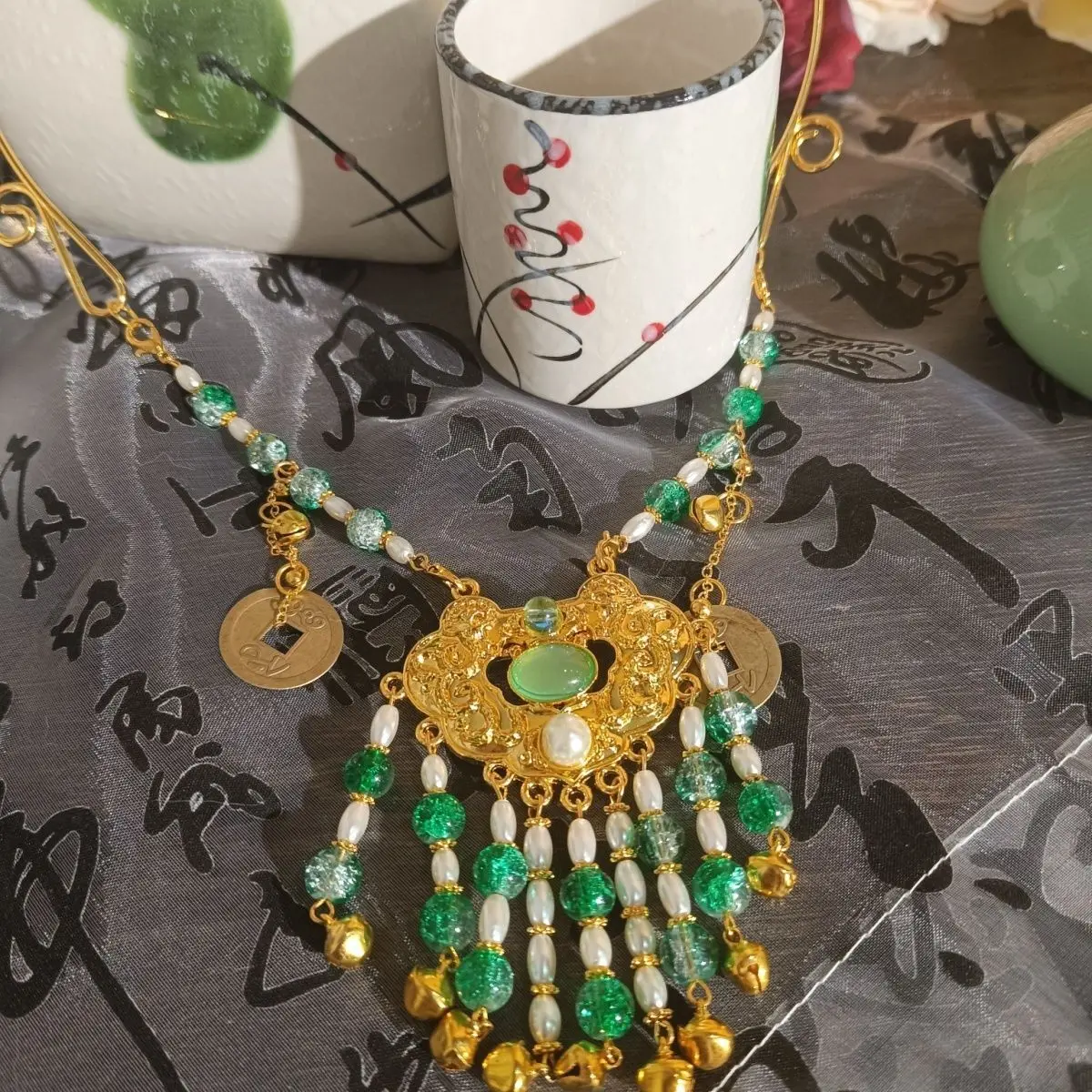 สร้อยคอ TGCF ชื่อ Qi Rong สำหรับคอสเพลย์ ทำมือ พู่ห้อยสไตล์โบราณ อนิเมะ สีเขียว