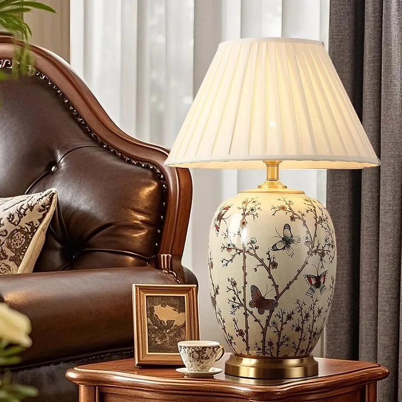 

Copper Table Lamp American Style For Living Room Ceramic Lamp Luxury Bedroom Bedside Lamp Decorated LED Lamps