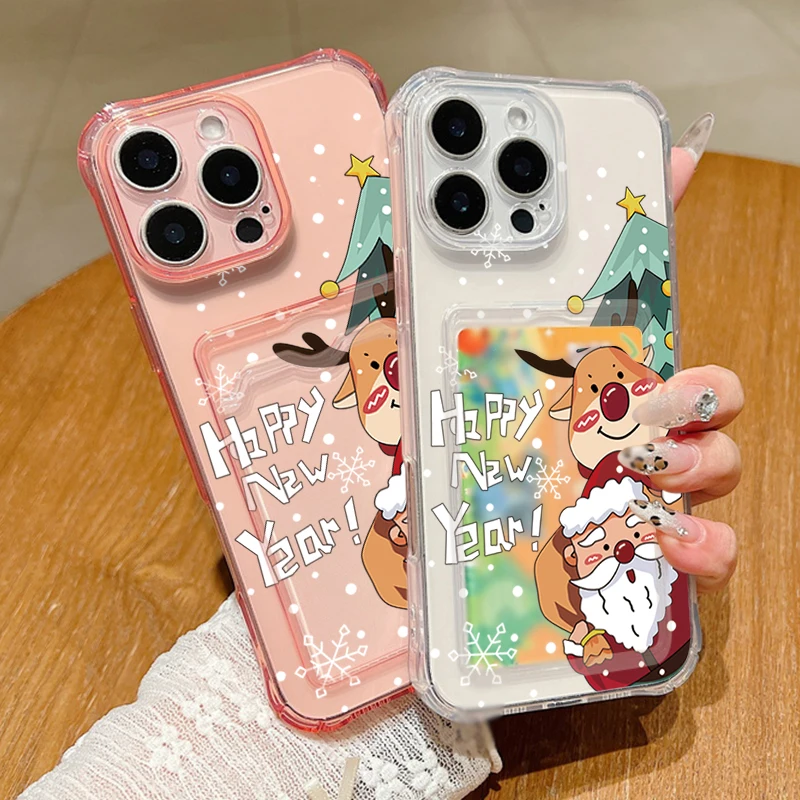 Christmas Case For iPhone 16 Pro Max Luxury Card Slot Santa Claus Elk Deer Clear Soft Cover For iPhone 11 12 13 14 15 Pro Max