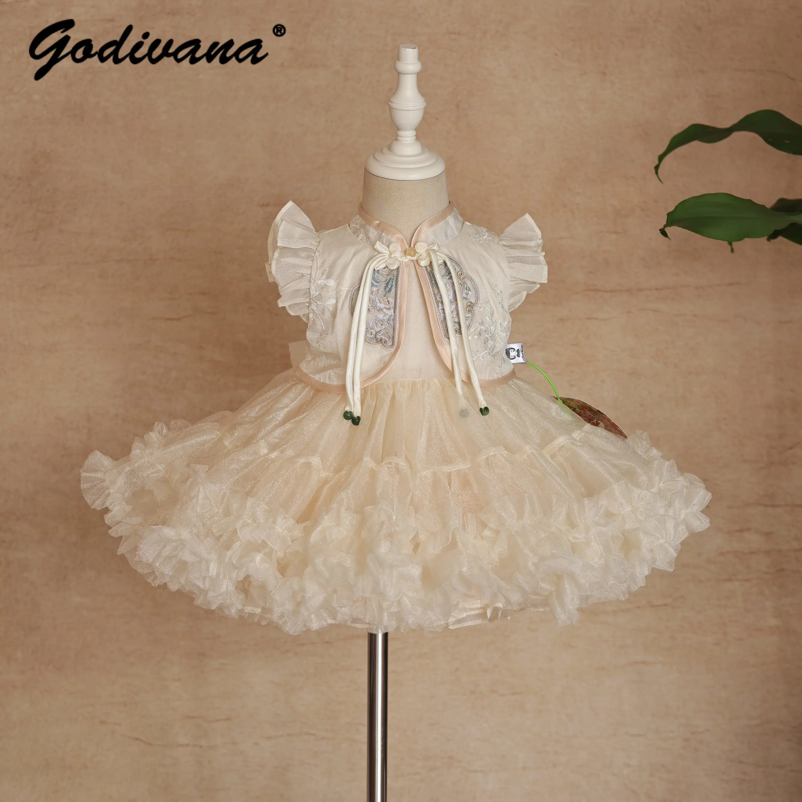 Original Baby Girls New Chinese Style Princess Dress 2026 Summer New High End Embroidery Feifei Sleeve Mesh Tutu Party Dress