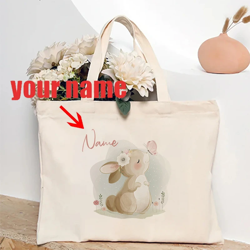 Sac fourre-tout en toile personnalisé pour enfants, sac à bandoulière avec nom personnalisé, imprimé lapin arc-en-ciel, cadeau pour enfants, rentrée scolaire