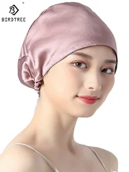 Birdtree 100% Mulberry Silk Turban Bonnets Female Double Layered Sleeping Night Wrap Cap For Curly Ladies A34317M