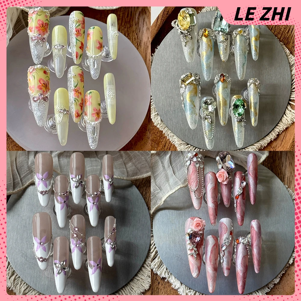 

Sweet Cool Long Coffin Stiletto French Handmade Fake Nail Light Luxury Shining Diamond Flower Butterfly Pearl Reusable Fake Nail
