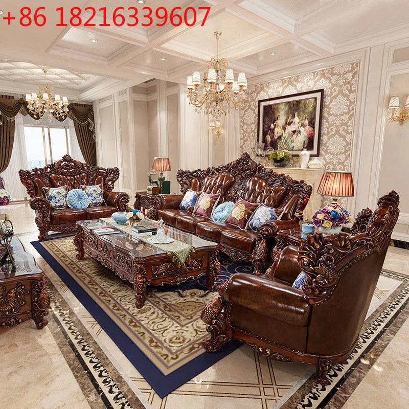 

Кожаная гостиная в европейском стиле, роскошная резьба по цельному дереву, имеет верхний слой дивана из воловьей кожи в рыбном стиле, большая мебель для квартиры