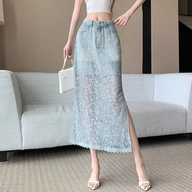 

Retro Denim Lace Splicing Denim Skirt High Waist Hot Drill A Side Split Skirt