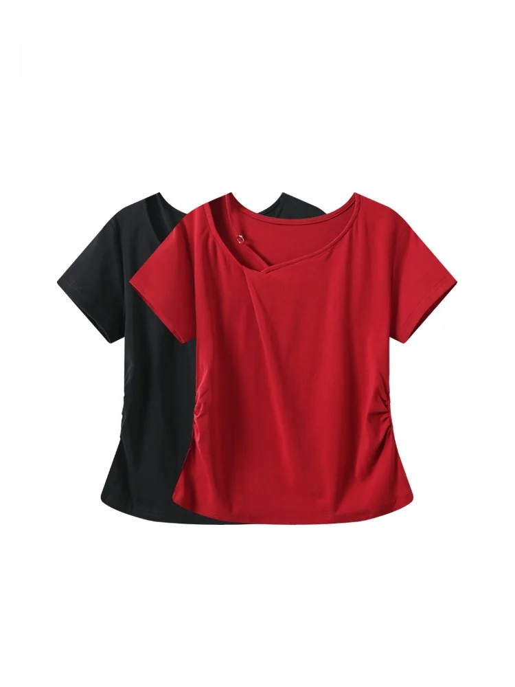 

plus Size Women's Short Sleeve T-Shirt Hollow out Slimming Summer New Style Cotton round Neck Top for Plump Sister